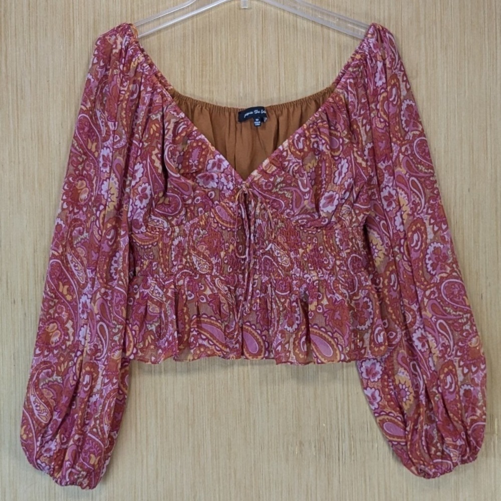 Jacquie The Label Boho Paisley Smocked Crop Top Size M Pink Sweetheart Neckline
